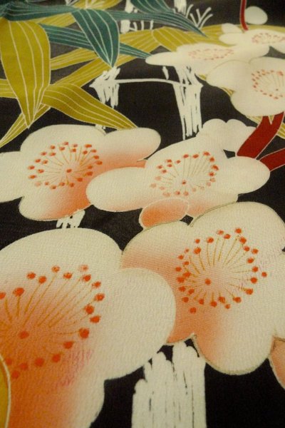 Photo22: P0312O Antique Japanese kimono Black FURISODE long-sleeved for women / Silk. UME plum bloom (Grade C) (22)
