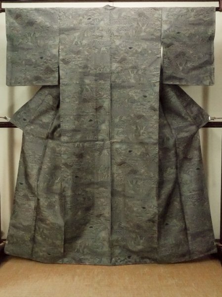 Photo2: Mint P0408C Vintage Japanese kimono Gray TSUMUGI pongee for women / Silk. Flower (Grade A) (2)