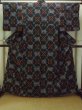 Photo2: Mint P0408F Vintage Japanese kimono Black TSUMUGI pongee for women / Silk. Peony (Grade A) (2)