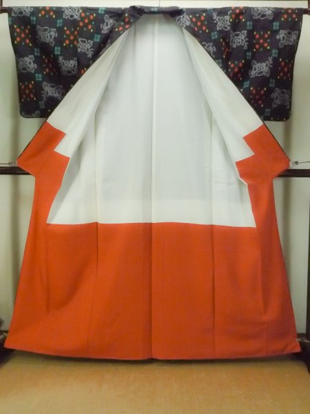 Photo3: Mint P0408F Vintage Japanese kimono Black TSUMUGI pongee for women / Silk. Peony (Grade A) (3)