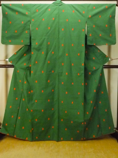 Photo2: Mint P0408J Vintage Japanese kimono Green TSUMUGI pongee for women / Silk. Tortoise-shell pattern(Hexagonal pattern) (Grade A) (2)