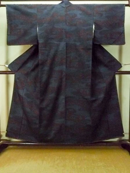 Photo2: Mint P0408K Vintage Japanese kimono Navy Blue TSUMUGI pongee for women / Silk. Flower (Grade A) (2)