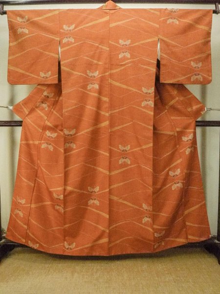 Photo2: P0408L Vintage Japanese kimono Orange TSUMUGI pongee for women / Silk. Butterfly (Grade B) (2)