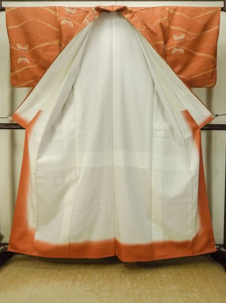 Photo3: P0408L Vintage Japanese kimono Orange TSUMUGI pongee for women / Silk. Butterfly (Grade B) (3)