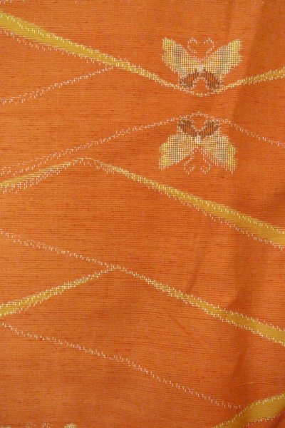Photo4: P0408L Vintage Japanese kimono Orange TSUMUGI pongee for women / Silk. Butterfly (Grade B) (4)