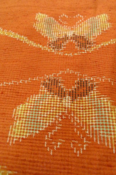 Photo8: P0408L Vintage Japanese kimono Orange TSUMUGI pongee for women / Silk. Butterfly (Grade B) (8)
