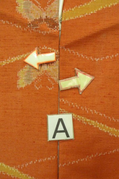 Photo14: P0408L Vintage Japanese kimono Orange TSUMUGI pongee for women / Silk. Butterfly (Grade B) (14)