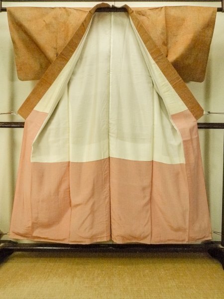 Photo3: P0408M Vintage Japanese kimono Brownish Orange TSUMUGI pongee for women / Silk. Stripes (Grade B) (3)