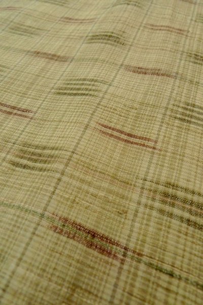 Photo8: P0408N Vintage Japanese kimono Greenish Beige TSUMUGI pongee for women / Silk. Plaid Checks (Grade C) (8)