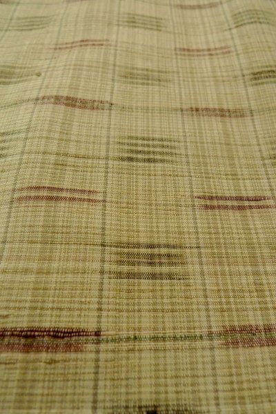 Photo9: P0408N Vintage Japanese kimono Greenish Beige TSUMUGI pongee for women / Silk. Plaid Checks (Grade C) (9)