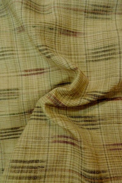 Photo11: P0408N Vintage Japanese kimono Greenish Beige TSUMUGI pongee for women / Silk. Plaid Checks (Grade C) (11)
