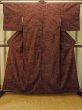Photo2: P0408O Vintage Japanese kimono Dark Red TSUMUGI pongee for women / Silk. Stripes (Grade B) (2)