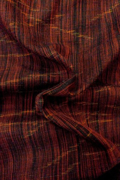 Photo12: P0408O Vintage Japanese kimono Dark Red TSUMUGI pongee for women / Silk. Stripes (Grade B) (12)