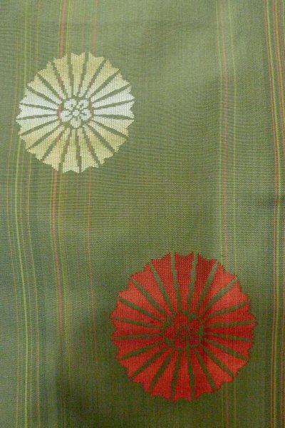 Photo1: P0408U Vintage Japanese kimono Grayish Green TSUMUGI pongee for women / Silk. Stripes, Umbrella pattern (Grade B) (1)