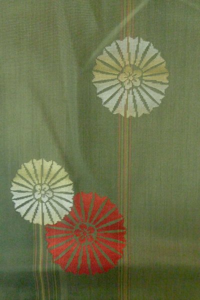 Photo6: P0408U Vintage Japanese kimono Grayish Green TSUMUGI pongee for women / Silk. Stripes, Umbrella pattern (Grade B) (6)