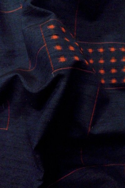 Photo12: P0408V Vintage Japanese kimono Dark Navy Blue TSUMUGI pongee for women / Silk. Abstract pattern (Grade B) (12)
