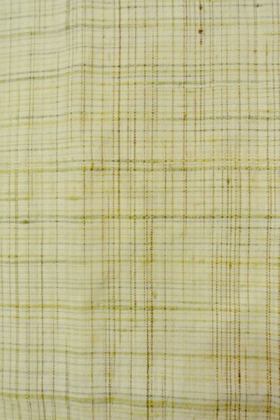 Photo5: P0408X Vintage Japanese kimono Light Greenish Ivory TSUMUGI pongee for women / Silk. Plaid Checks (Grade B) (5)