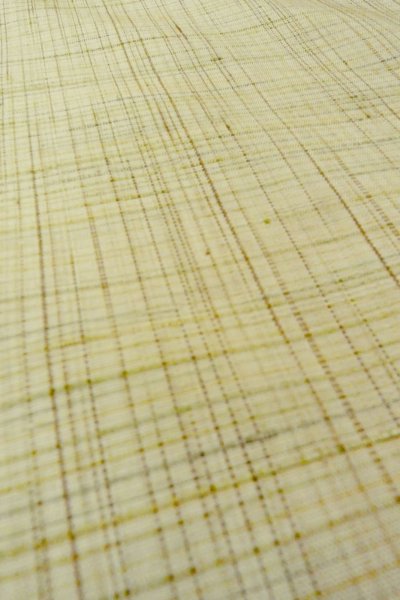 Photo9: P0408X Vintage Japanese kimono Light Greenish Ivory TSUMUGI pongee for women / Silk. Plaid Checks (Grade B) (9)