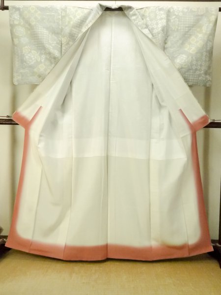 Photo3: P0409D Vintage Japanese kimono Pale Teal TOKAMACHI-TSUMUGI for women / Silk. Flower (Grade C) (3)