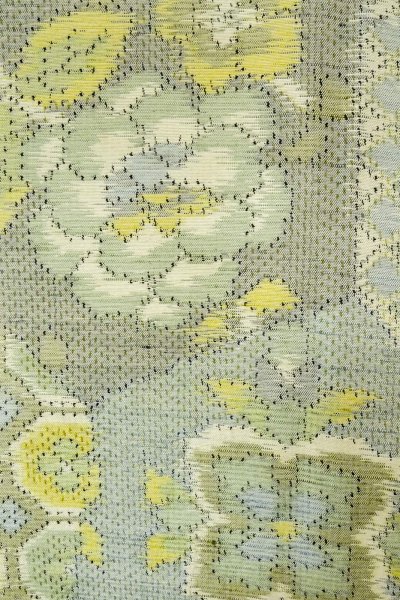 Photo1: P0409D Vintage Japanese kimono Pale Teal TOKAMACHI-TSUMUGI for women / Silk. Flower (Grade C) (1)