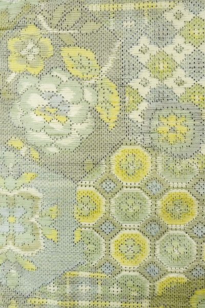 Photo7: P0409D Vintage Japanese kimono Pale Teal TOKAMACHI-TSUMUGI for women / Silk. Flower (Grade C) (7)