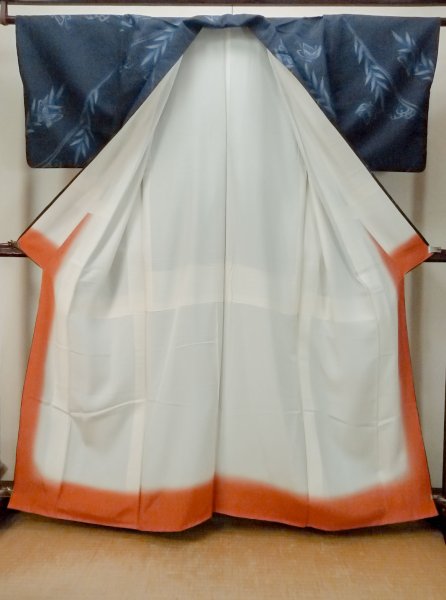 Photo3: Mint P0409G Vintage Japanese kimono Dark Indigo Blue TSUMUGI pongee for women / Silk. Butterfly (Grade A) (3)