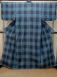 Photo2: P0409I Vintage Japanese kimono Light Indigo Blue TSUMUGI pongee for women / Silk. Plaid Checks (Grade C) (2)