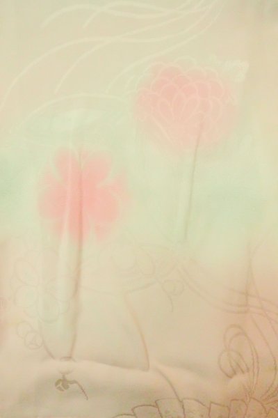 Photo1: P0421A Vintage Japanese kimono Pale Pink JUBAN undergarment for women / Silk. Gradation, Based woven pattern: Cloud, KUMIHIMO rope with tassels, Folding fan (Grade C) (1)