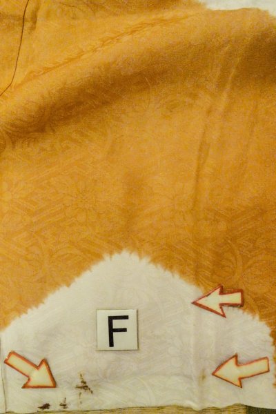 Photo19: P0421I Vintage Japanese kimono Golden Yellow JUBAN undergarment for women / Silk. Gap in a cloud, more damages (Grade C) (19)