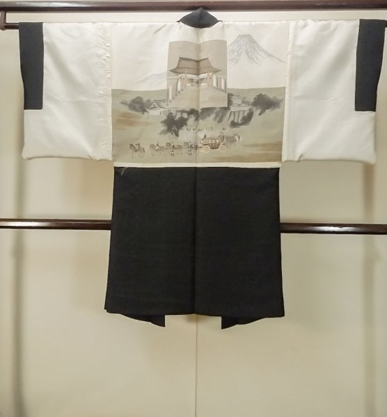 Photo3: P0526G Vintage Japanese kimono Black Men's Haori for men / Silk. Temple, The Emperor's Enthronement Ceremony (Grade C) (3)