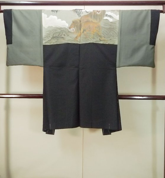 Photo3: Mint P0526H Vintage Japanese kimono Bluish Brown Men's Haori for men / Silk. Abstract pattern (Grade A) (3)