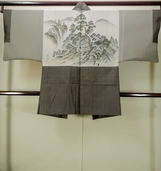 Photo3: P0526J Vintage Japanese kimono Brown OSHIMA-TSUMUGI for men / Silk. Pine tree/branch/needle (Grade B) (3)