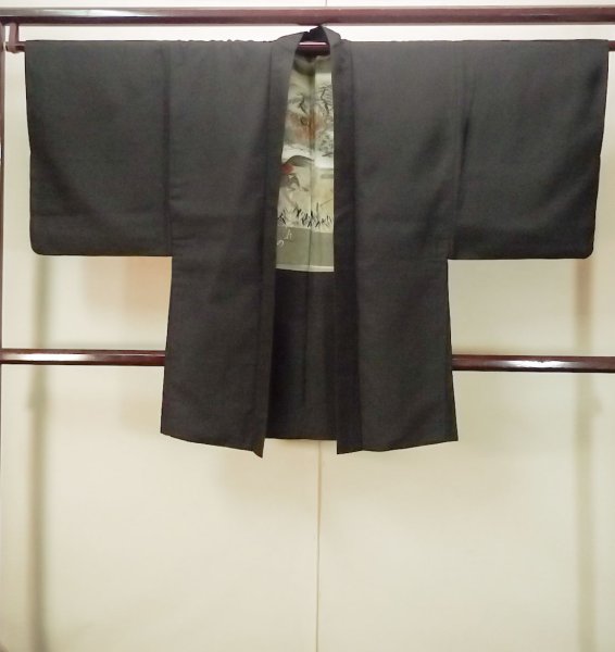 Photo1: Mint P0526L Vintage Japanese kimono Black Men's Haori for men / Silk. Pine tree/branch/needle (Grade A) (1)