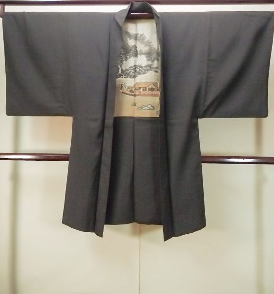 Photo1: P0526M Vintage Japanese kimono Black Men's Haori for men / Silk. Mountain (Grade A) (1)
