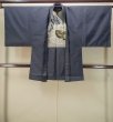 Photo1: P0526N Vintage Japanese kimono Dark Blue OSHIMA-TSUMUGI for men / Silk. Wave, Treasure ship, Lobster pattern (Grade B) (1)