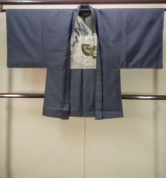 Photo1: P0526N Vintage Japanese kimono Dark Blue OSHIMA-TSUMUGI for men / Silk. Wave, Treasure ship, Lobster pattern (Grade B) (1)