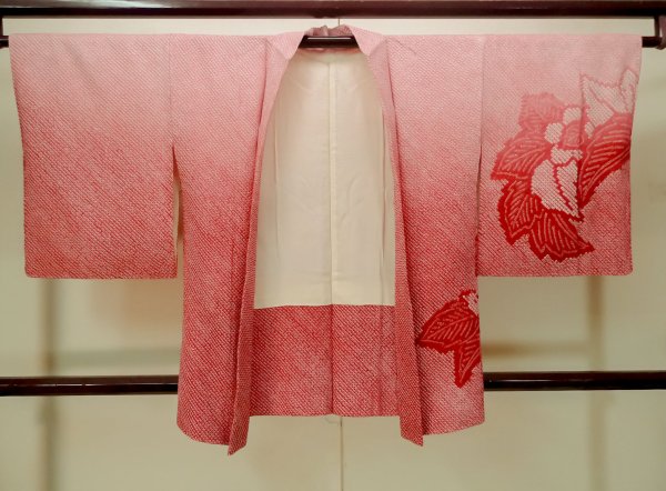 Photo2: Mint P0526X Used Japanese kimono Pink HAORI short jacket for women / Silk. Leaf (Grade A) (2)