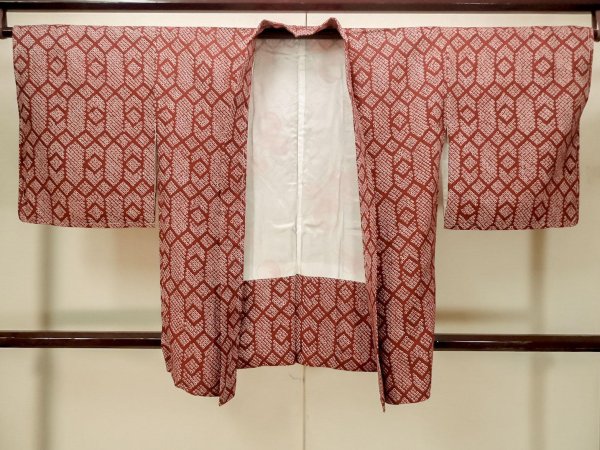 Photo2: Mint P0526Z Vintage Japanese kimono Reddish Dark Red HAORI short jacket for women / Silk. Dapple pattern (Grade A) (2)