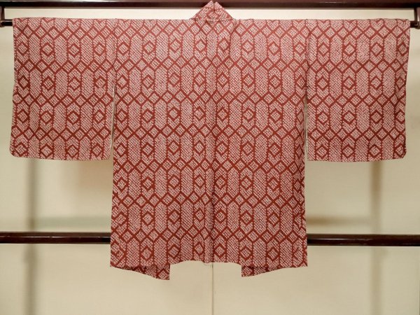 Photo3: Mint P0526Z Vintage Japanese kimono Reddish Dark Red HAORI short jacket for women / Silk. Dapple pattern (Grade A) (3)