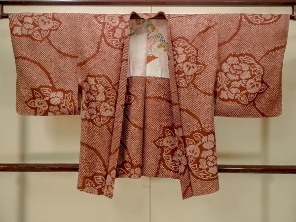 Photo2: Mint P0527C Used Japanese kimono Dark Brown HAORI short jacket for women / Silk. Flower circle (Grade A) (2)