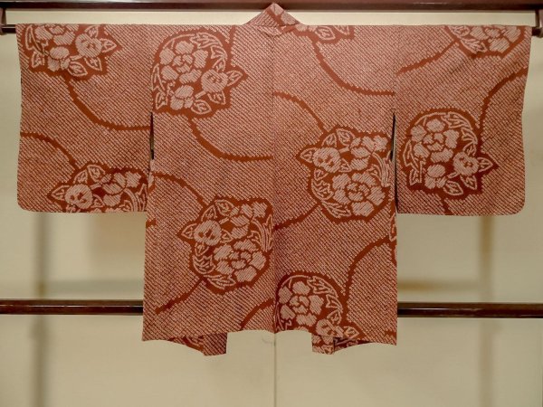 Photo3: Mint P0527C Used Japanese kimono Dark Brown HAORI short jacket for women / Silk. Flower circle (Grade A) (3)
