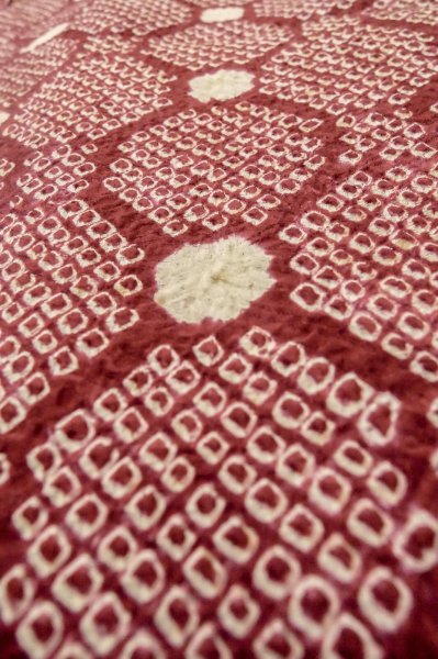 Photo6: P0527D Vintage Japanese kimono Purplish Dark Red HAORI short jacket for women / Silk. Octagons and squares (Grade C) (6)