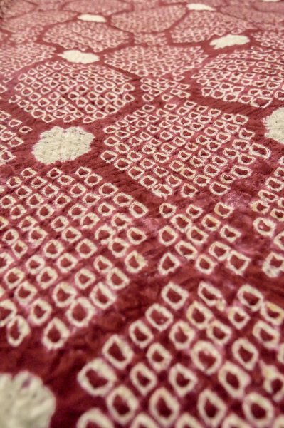 Photo7: P0527D Vintage Japanese kimono Purplish Dark Red HAORI short jacket for women / Silk. Octagons and squares (Grade C) (7)