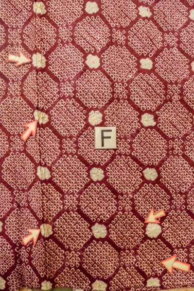 Photo15: P0527D Vintage Japanese kimono Purplish Dark Red HAORI short jacket for women / Silk. Octagons and squares (Grade C) (15)