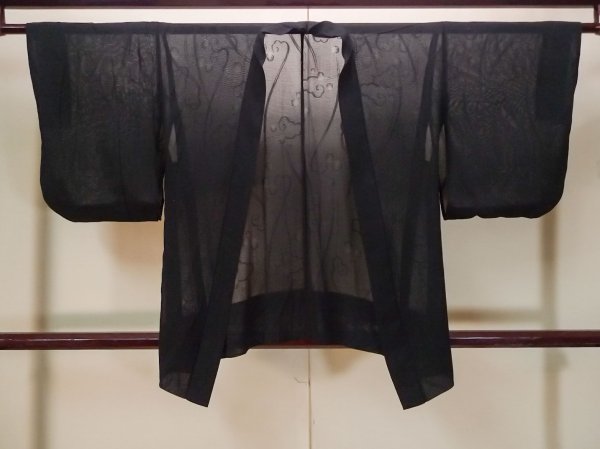 Photo1: P0602E Vintage Japanese kimono Black HAORI short jacket for women / Silk. Stripes (Grade D) (1)