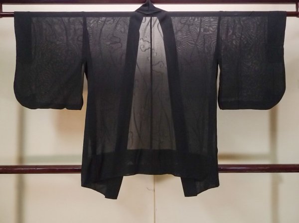 Photo2: P0602E Vintage Japanese kimono Black HAORI short jacket for women / Silk. Stripes (Grade D) (2)