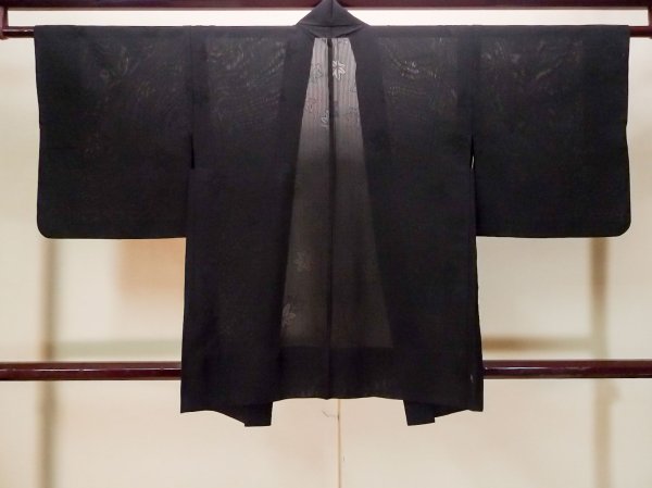 Photo2: P0602G Vintage Japanese kimono Black HAORI short jacket for women / Stripes (Grade B) (2)