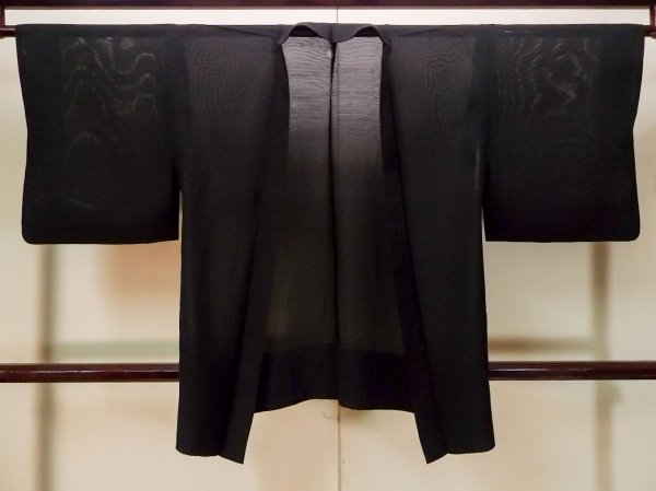 Photo1: Mint P0602I Vintage Japanese kimono Black HAORI short jacket for women / Silk. Stripes (Grade A) (1)