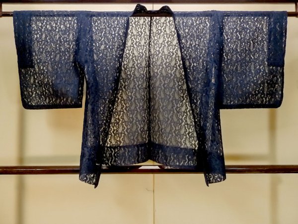 Photo1: Mint P0602S Vintage Japanese kimono Dark Navy Blue HAORI short jacket for women / Linen. Abstract pattern (Grade A) (1)