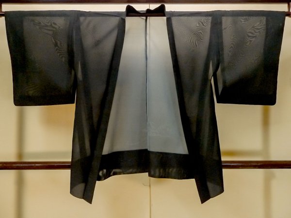Photo1: Mint P0602T Vintage Japanese kimono Black HAORI short jacket for women / Silk. Tall grass (Grade A) (1)